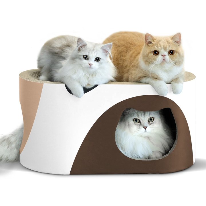 Dome-shaped cardboard cat house scratcher with a flat top scratch platform and a rounded entrance, shown on white background.