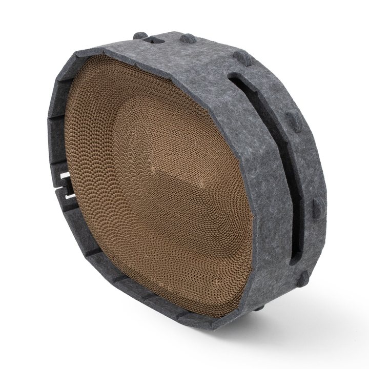 Round grey felt-wrapped folding cat scratcher with a corrugated cardboard scratch interior.