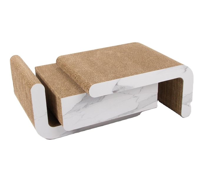 Marble-print cat lounger with a rolled corrugated-cardboard scratching top and an open tunnel-like passage below