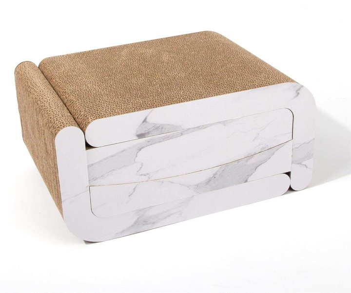 Marble-print cat lounger box with a rolled corrugated-cardboard scratching surface on top