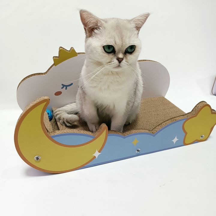 Cloud-and-moon shaped cardboard cat scratcher lounge in white, yellow and light blue
