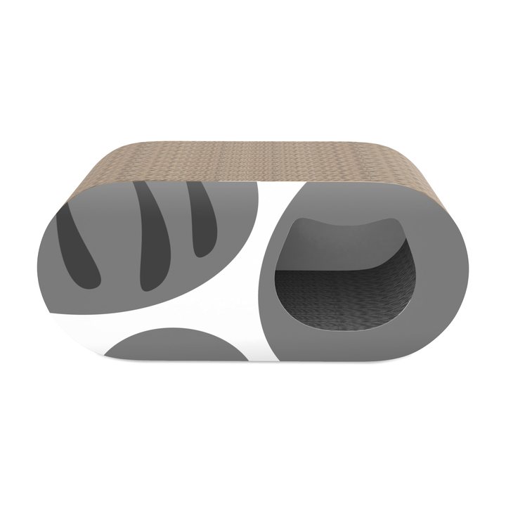 Oval corrugated cardboard cat scratcher printed with a grey leaf pattern and a round through-tunnel opening