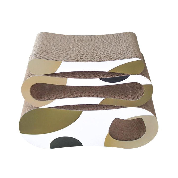 A wave-shaped corrugated cardboard cat scratcher with a beige woven top surface and undulating cut-out slots along its length, printed underneath in an abstract pattern of olive-green, tan, dark green and white curved shapes.