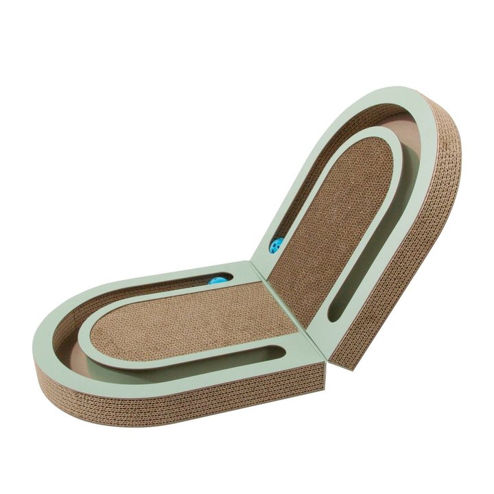 Folding oval cardboard cat scratcher lounge in sage green and natural kraft tones with a built-in ball-track toy