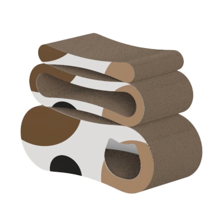 Three-tier brown corrugated cardboard cat scratcher lounge with tunnel openings between the layers