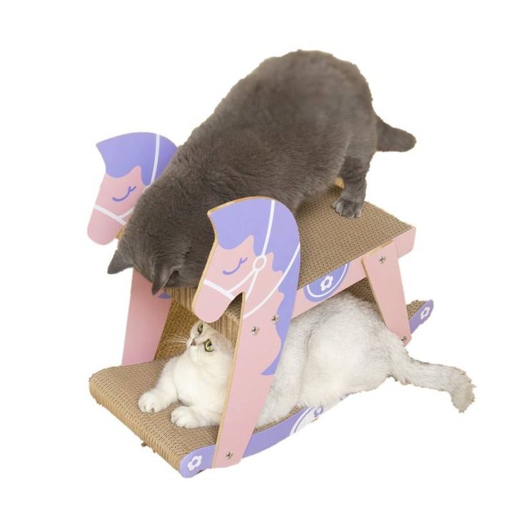 Pink and purple rocking-horse-shaped cardboard cat scratcher play frame with corrugated scratch pad seats