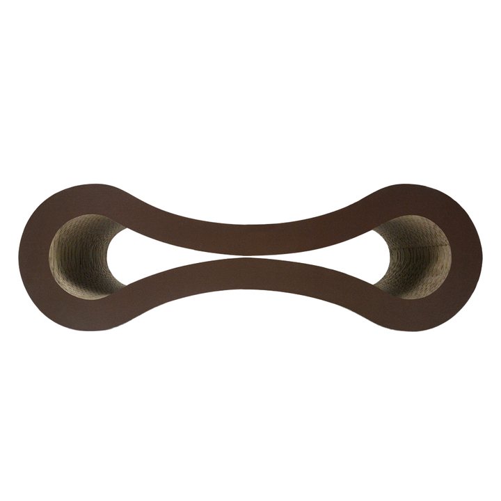 Dark brown corrugated cardboard cat scratcher in a bone/figure-eight shape with two round openings
