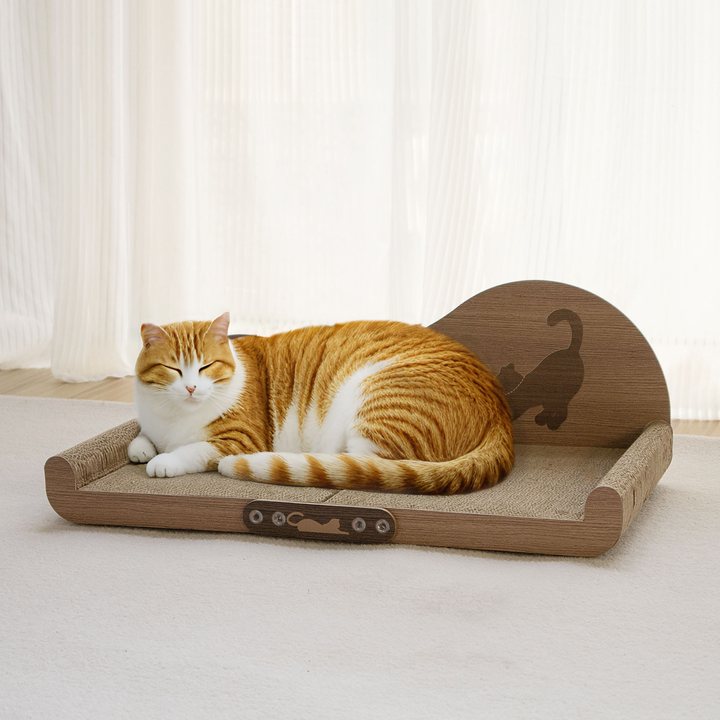 Wood-grain finish cat scratcher lounge with a curved crescent backrest cut with a cat silhouette and a corrugated cardboard scratch pad seat