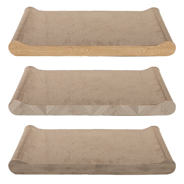 Curved corrugated cardboard cat scratcher lounge with a wooden side trim, shown in light oak, herringbone parquet and grey wood finishes