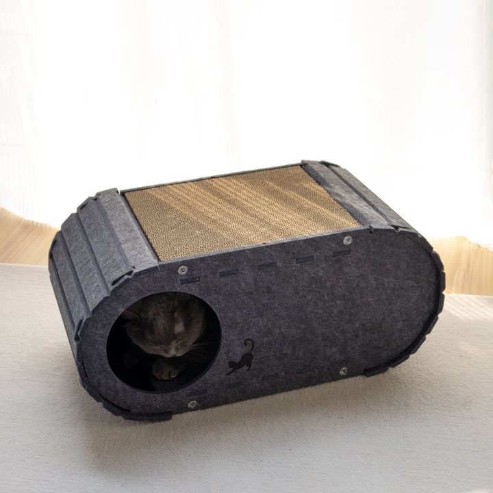 Dark grey felt oval cat tunnel with a corrugated cardboard scratch panel on top