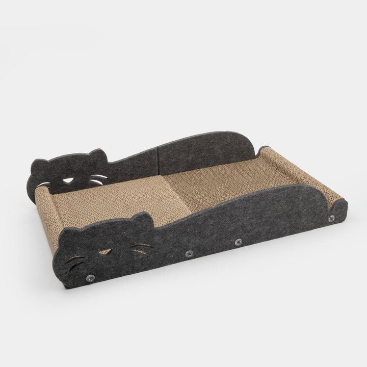 Charcoal felt cat scratcher lounge with cat-face-shaped end panels and a tan corrugated cardboard scratch pad seat