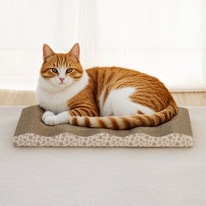 Flat rectangular corrugated cardboard cat scratch pad with a wavy floral-print border