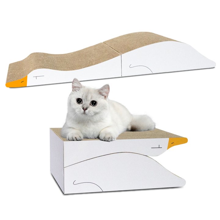 White corrugated cardboard cat scratcher ramp with a wavy sloped profile and an orange accent tip, shown flat and folded into a box-base ramp