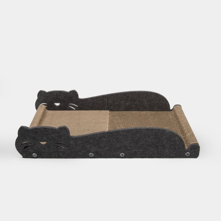 Charcoal felt folding cat scratcher lounge with cat-face-shaped side panels and a tan corrugated cardboard scratch pad seat