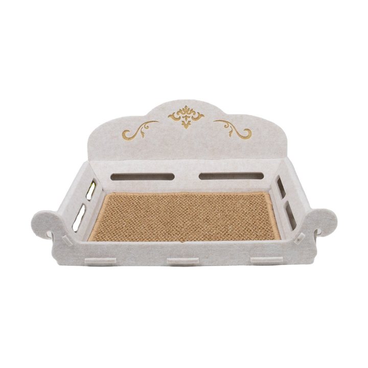 Cream felt folding cat scratcher sofa with a scalloped backrest, gold scroll-print accent, and a woven tan sisal seat pad