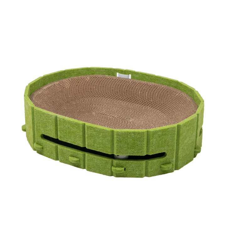 Oval folding cat scratcher with a green felt-wrapped frame and a corrugated cardboard scratch pad insert.