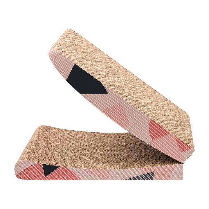Folding two-panel corrugated cardboard cat scratch pad, shown bent open, with a geometric pattern printed on the underside.