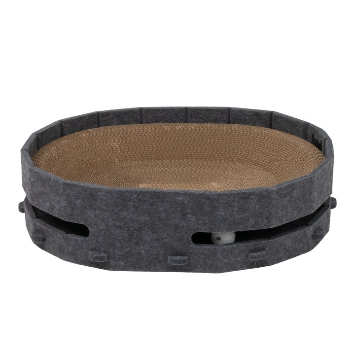 Round felt-wrapped cat scratcher box in dark grey with a corrugated cardboard scratch pad insert.
