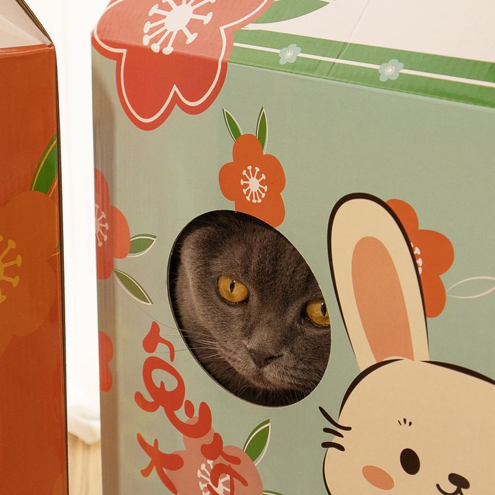 Close-up of a printed cardboard cat house panel with floral and rabbit motifs, showing a cat peeking through the round entry hole.