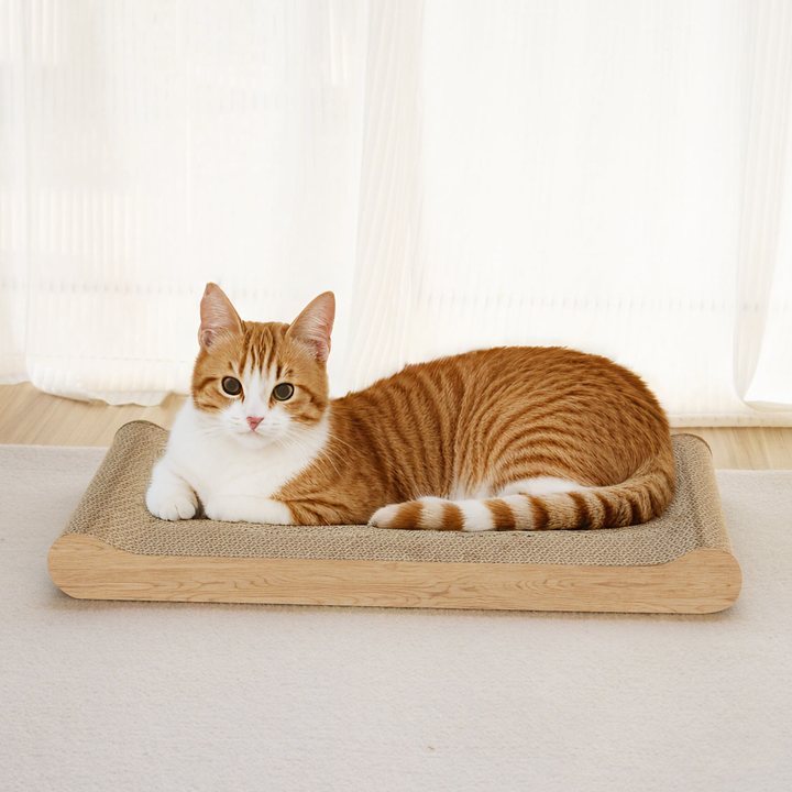 Rectangular corrugated cardboard cat scratch pad with a raised wood-toned edge frame.