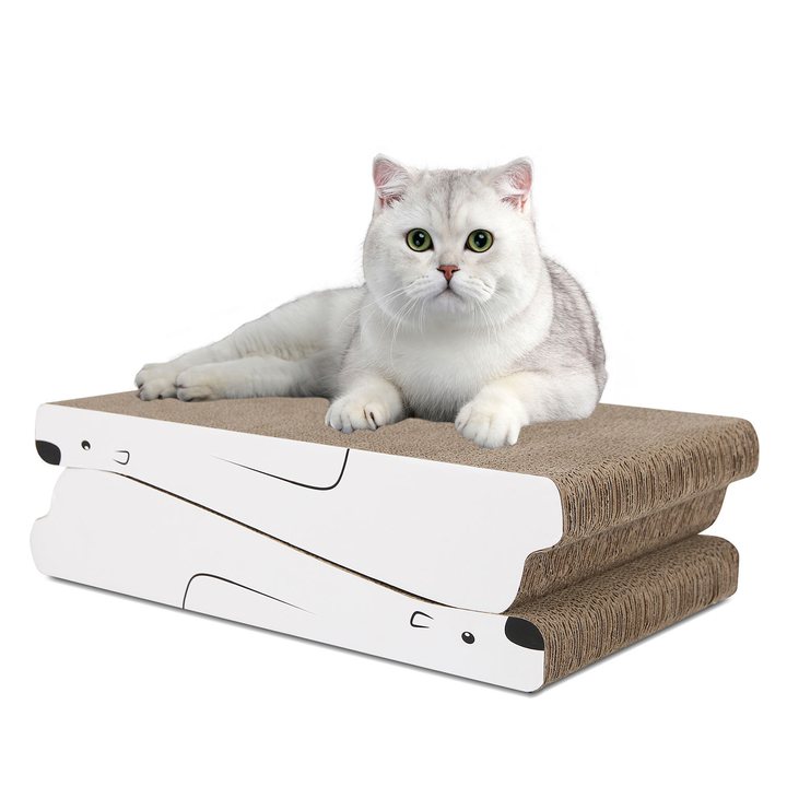 Reversible arch-shaped corrugated cardboard cat scratcher lounge with a white side panel printed with a simple mouse-face outline.