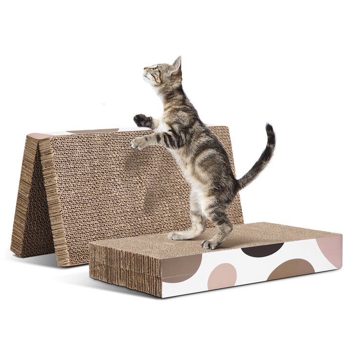 Two-piece cat scratcher set with a plain corrugated cardboard A-frame ramp and a flat rectangular scratch pad.
