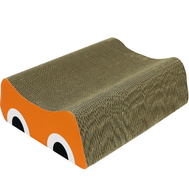 Wave-shaped corrugated cardboard cat scratcher lounge with an orange side panel printed with a cartoon car-face.
