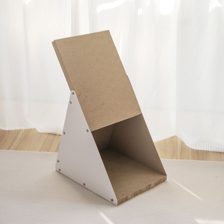 Wedge-shaped corrugated cardboard cat scratch board mounted on a white triangular side-frame stand.