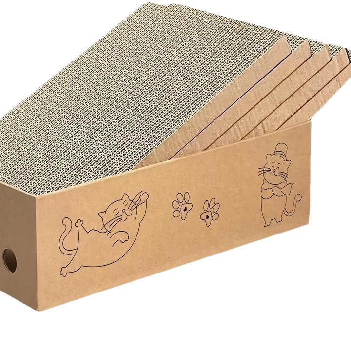 Wedge-top kraft cardboard cat scratcher box with a stack of replacement scratch boards and a printed cat line-drawing on the side.