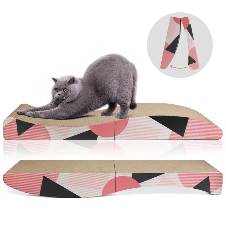 Oval corrugated cardboard cat scratcher bed with a dark wood-grain rim and natural cardboard interior