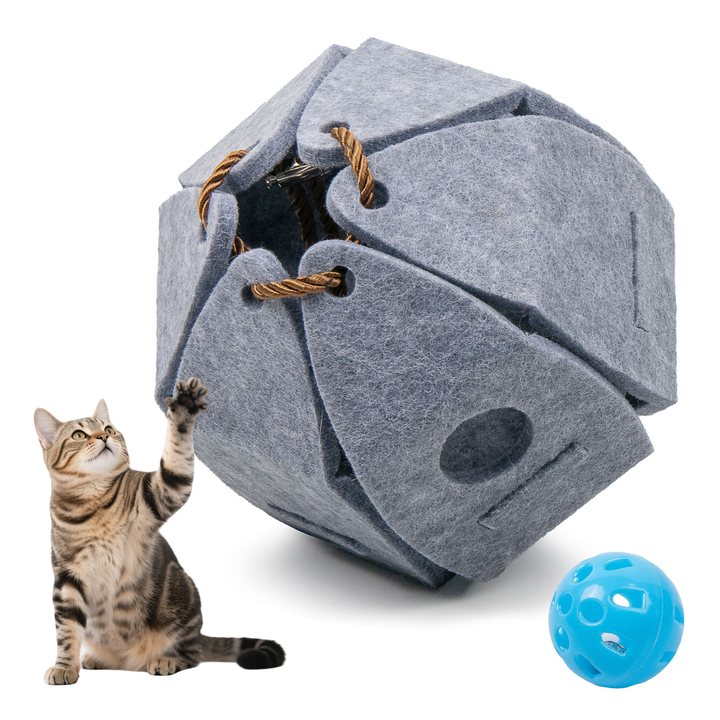 Faceted grey felt ball cat toy with rope-laced seams, shown with a small rattle ball.