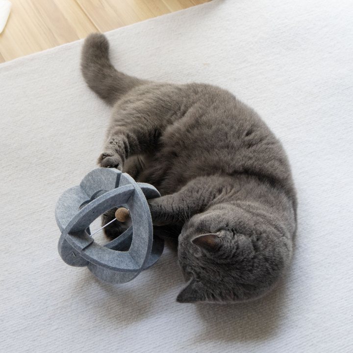 Grey felt lattice-ball cat toy with a wooden bead inside, on a carpeted floor