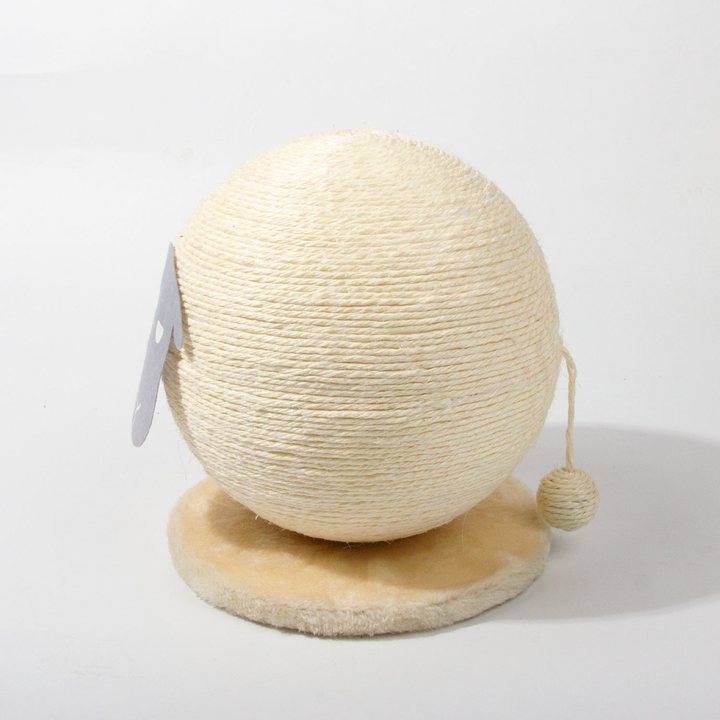 Sisal-rope scratching ball on a round plush base with a hanging sisal pom-pom