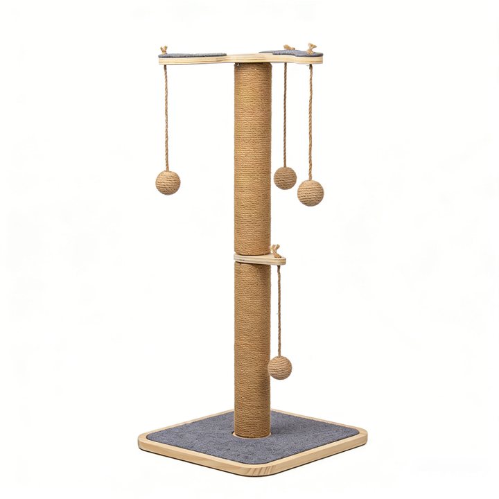 Tall sisal scratching post with two platforms and hanging sisal-ball toys on a wood base