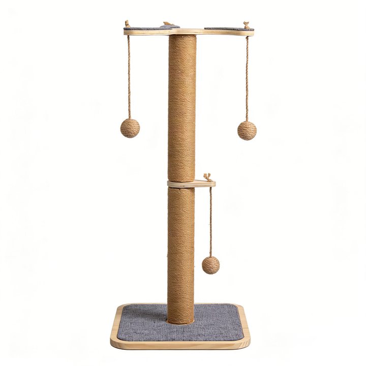 Sisal scratching post with two carpeted platforms and hanging sisal balls, front view