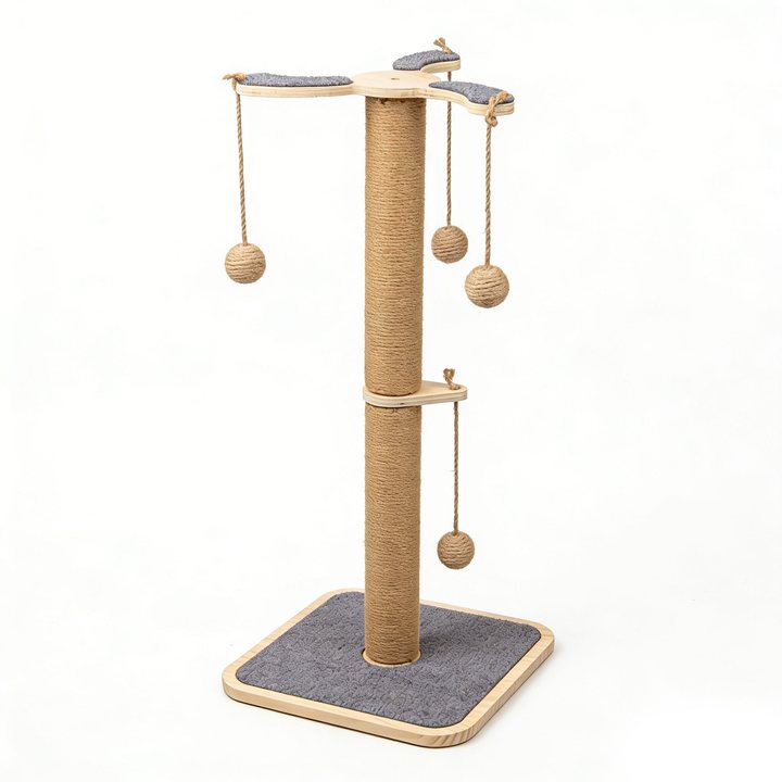 Sisal scratching post with hanging ball toys, angled view