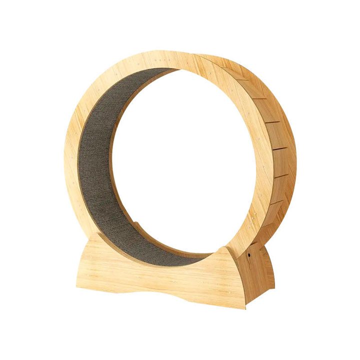 Round wooden cat exercise wheel with a carpeted running track