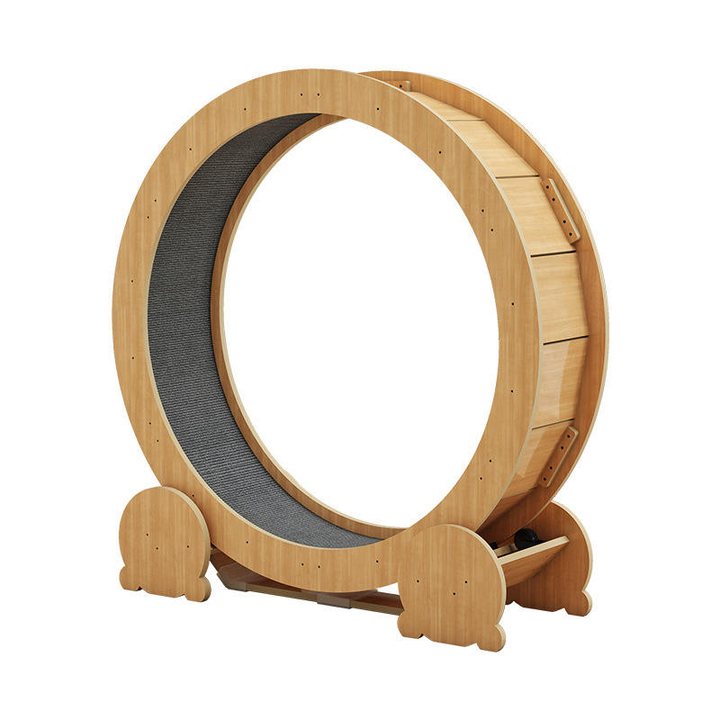 Wooden cat exercise wheel with carpeted running track and paw-shaped feet