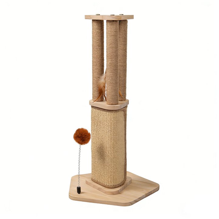 Tall triple-post sisal scratching tower with a feather toy and spring pom-pom toy on a wood base