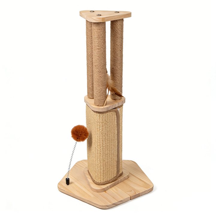 Triple-post sisal scratching tower with hanging feather toy, angled view