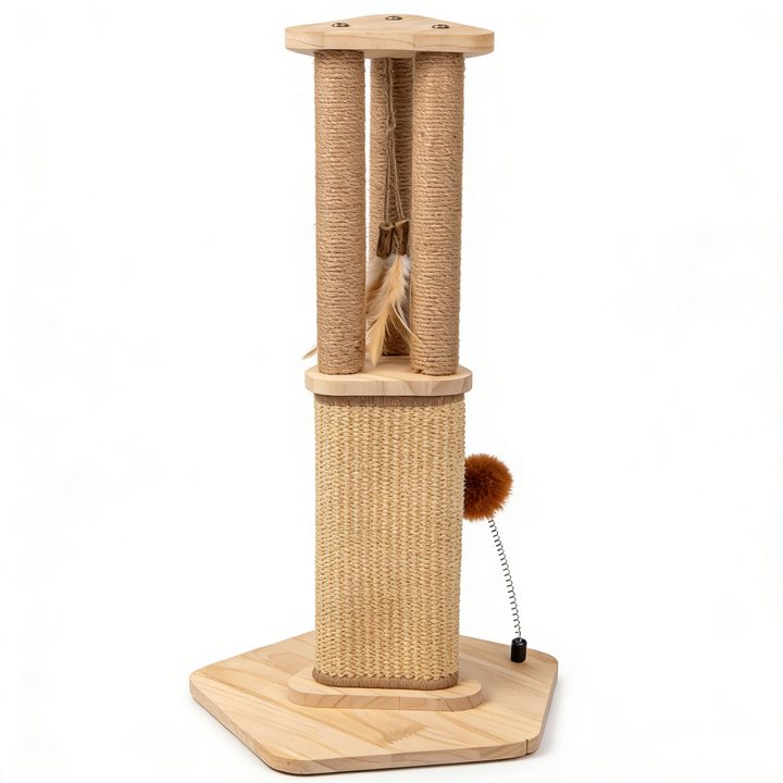 Triple-post sisal scratching tower with feather toy and pom-pom, front view