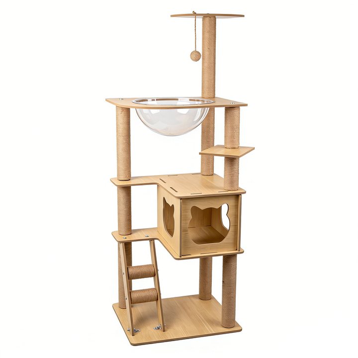 Multi-level wood cat tree with a clear capsule bowl seat, cat house cube, and sisal ladder