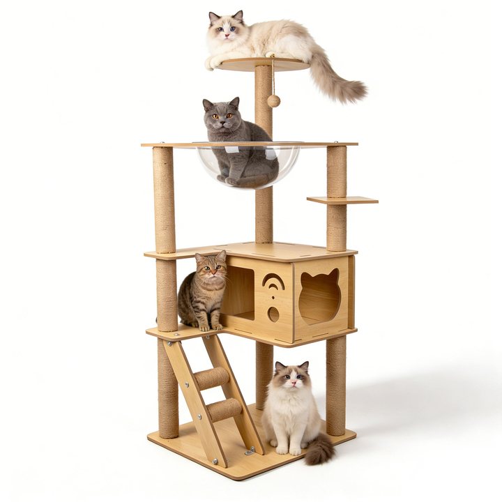 Multi-level wood cat tree with capsule bowl seat and cat house, shown with cats using each level