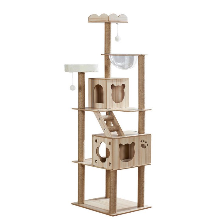 Large multi-level wood and sisal cat tree tower with two enclosed cat houses and a capsule bowl seat